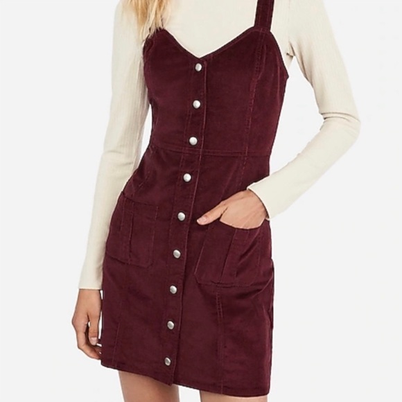 Express Dresses & Skirts - NWT Express Wine Red Corduroy Sweetheart Neckline Button Down Dress